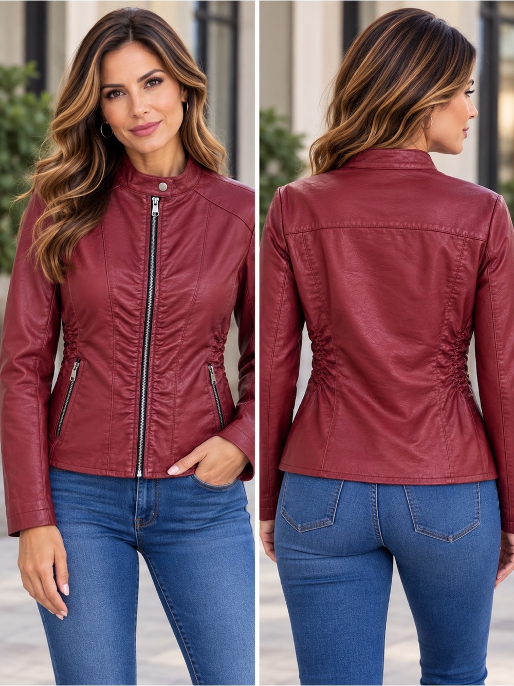 🌙✨🆕Baccini Burgundy Faux Leather Moto Jacket Size M